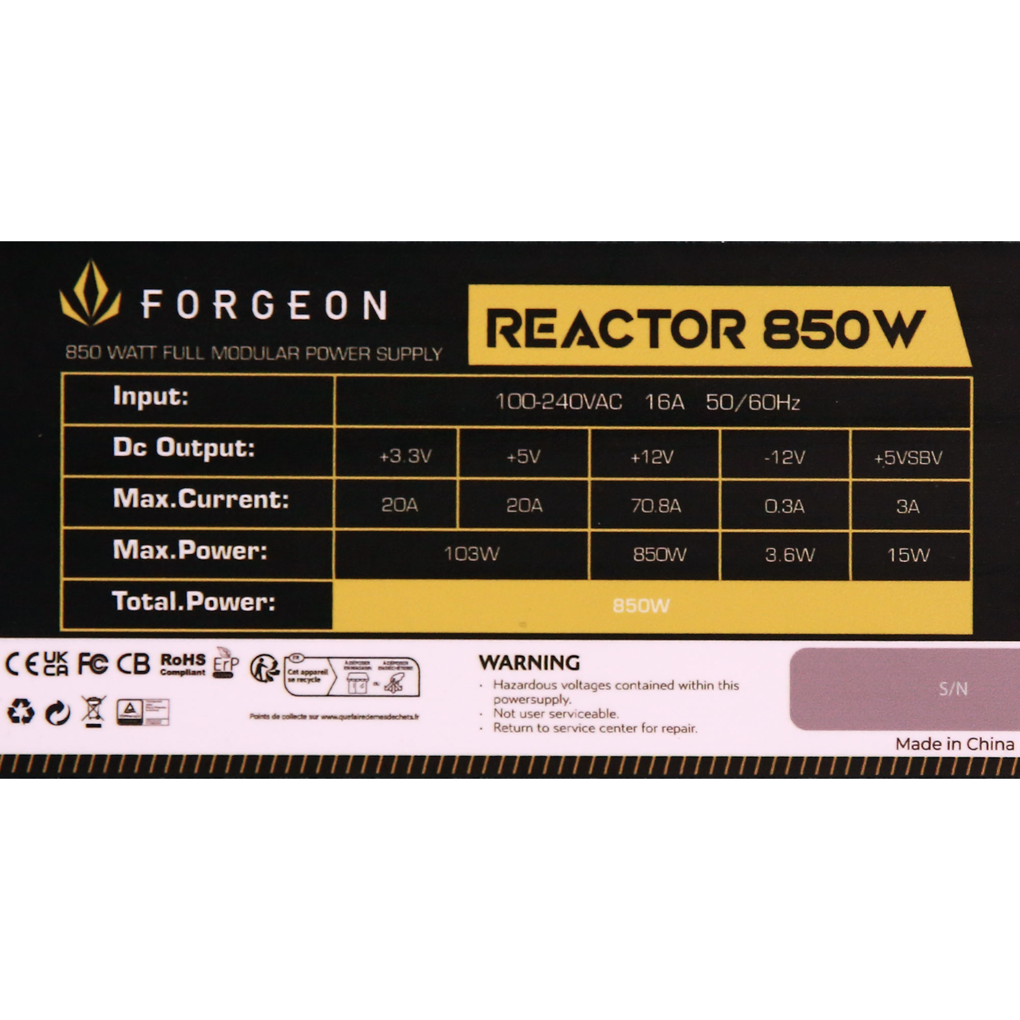 Power specifications label