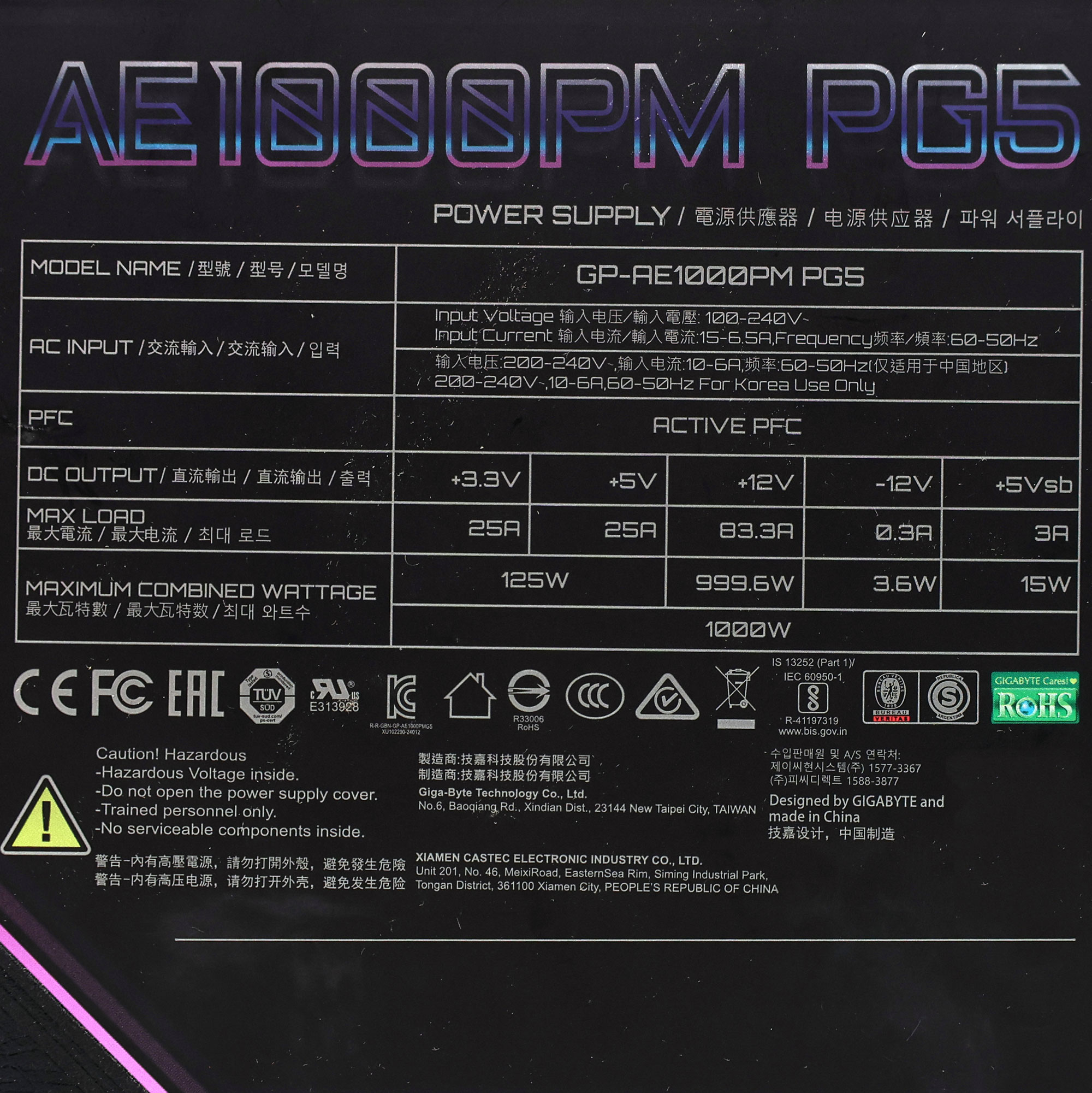 Power specifications label
