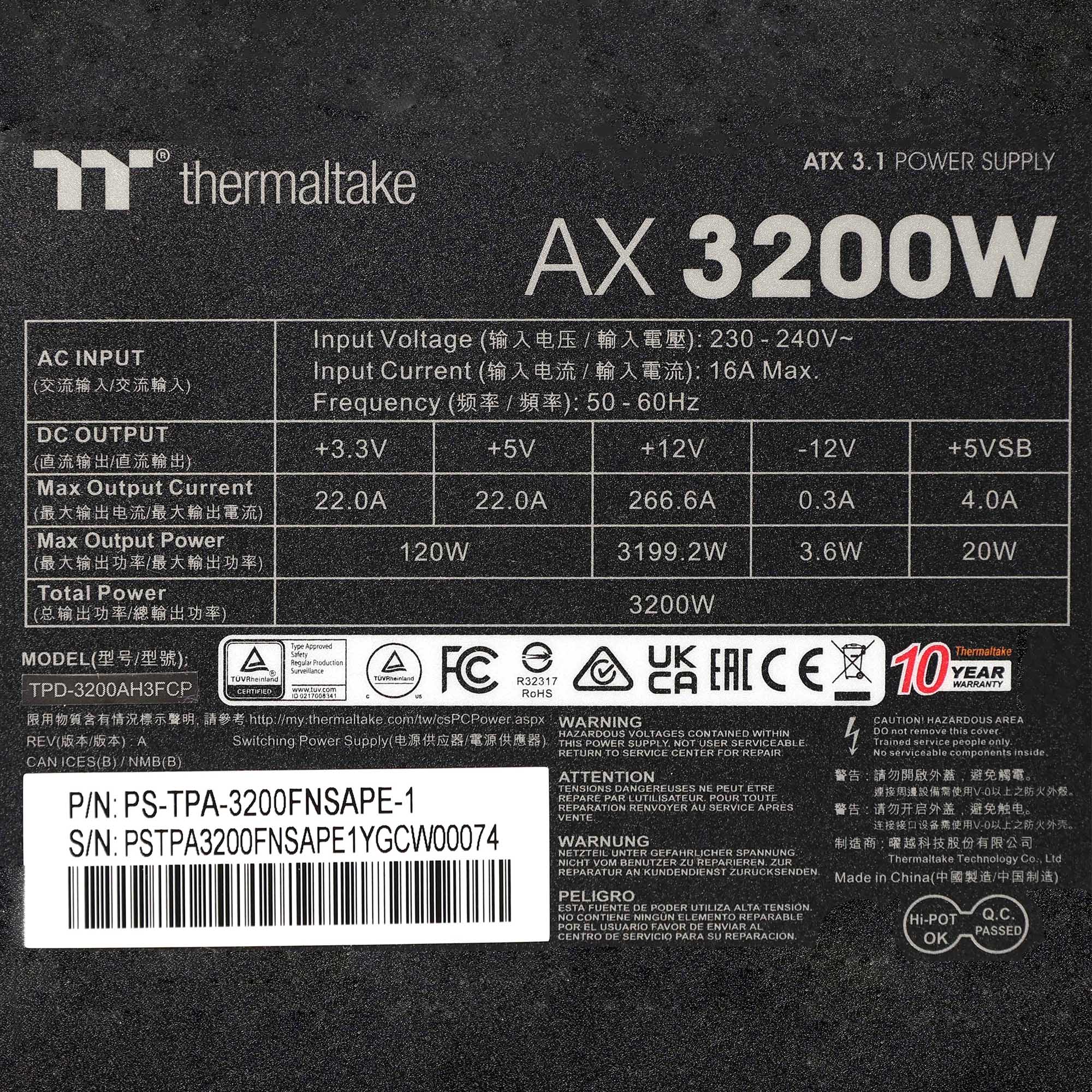 Power specifications label